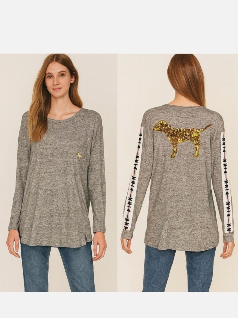 PINK Victoria's Secret Gray Long-Sleeve Top with Gold Sequin Dog Small size
